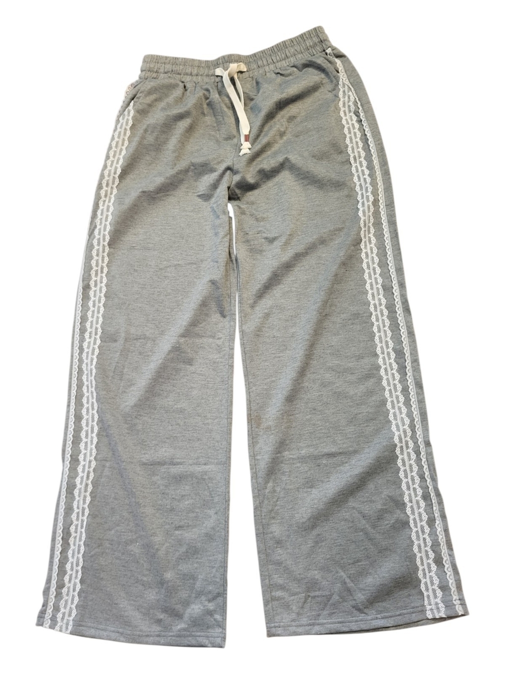 NWOT Pistacho Women's Gray High-Rise Wide Leg Sweatpants w/ Lace Trim -Size M/L